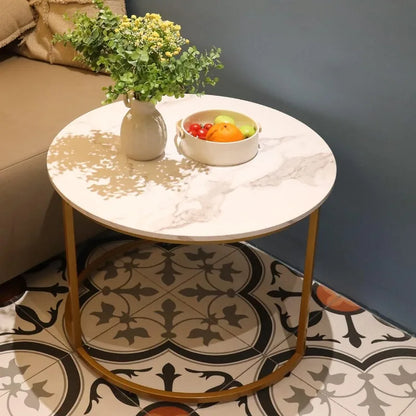 Coffee Table Nesting White Set of 2 Side Set Golden Frame Circular and Marble Pattern Wooden Tables, Living Room Bedroom