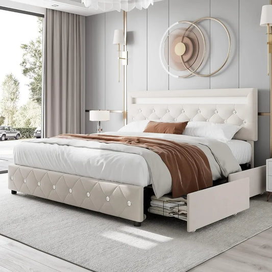 Velvet Upholstered Platform Bed, LED Bed Frame, with 4 Storage Drawers, Tufted Headboard