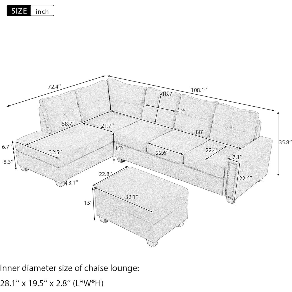 L Shape Modular Storage Ottoman & Chaise, Comfy Oversized Corner Sofa Cup Holder,Fabric Living Room Furniture Couch Sets