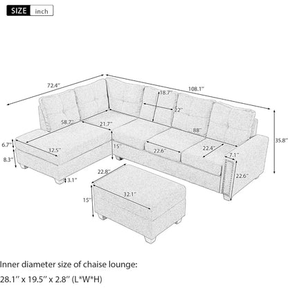 L Shape Modular Storage Ottoman & Chaise, Comfy Oversized Corner Sofa Cup Holder,Fabric Living Room Furniture Couch Sets