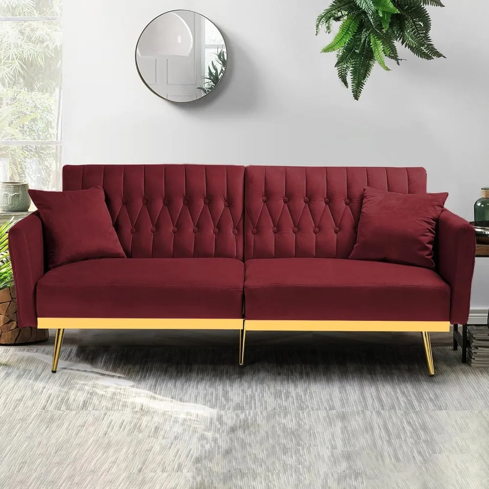 70in Velvet Futon Sofa Bed W/Adjustable Backrests and Armrests, Convertible Futon Couch with Two Pillows, Tufted Sleeper Bed