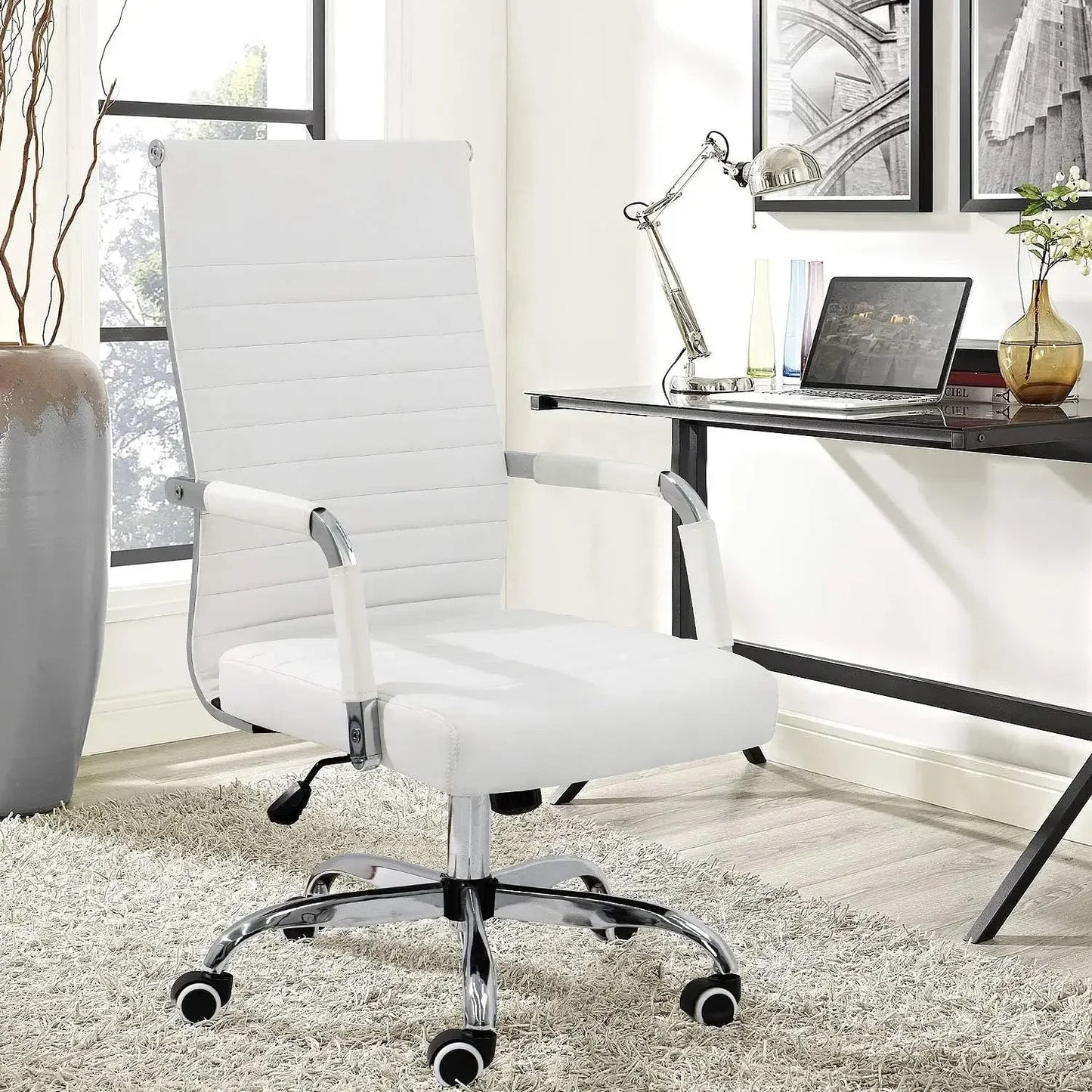 Ribbed Office Desk Mid Back Computer Chair Height Adjustable Conference Executive Task Swivel PU Leather