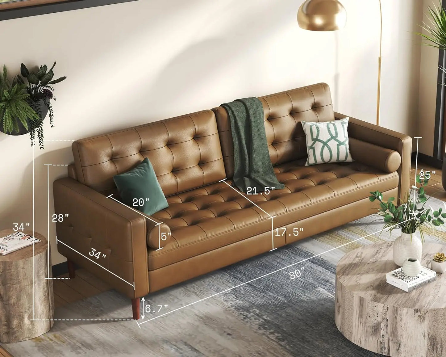 Leather Sofa,Mid-Century Modern Genuine Leather Sofa,3 Seater Comfy Couch for Living Room Home Office-Brown, couch  muebles