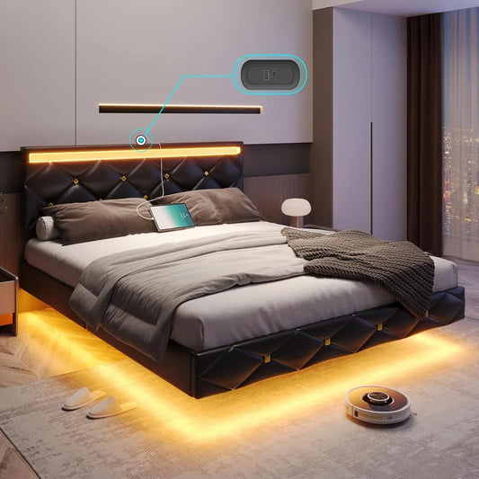 Cama, estructura de cama flotante de tamaño completo con cabecera y puertos de carga, cama flotante visual moderna y completa con luces LED de imitación negra