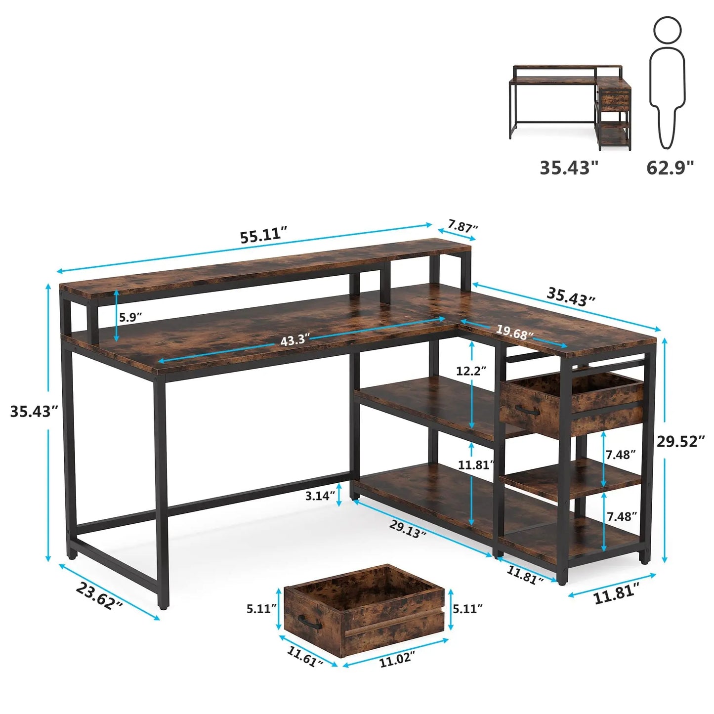 Tribesigns Reversible L Shaped Desk with Drawer, Industrial Corner Desk Home Office Table with Shelves and Monitor Stand