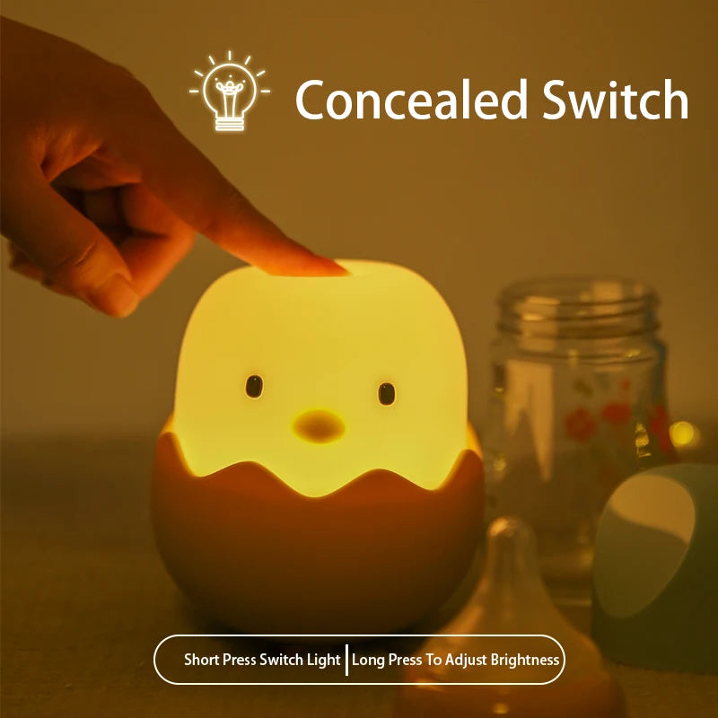 Luz de noche con forma de pollo y cáscara de huevo, luz LED de dibujos animados para dormitorio de niños, luz táctil ajustable, luz cálida recargable, luz de ambiente