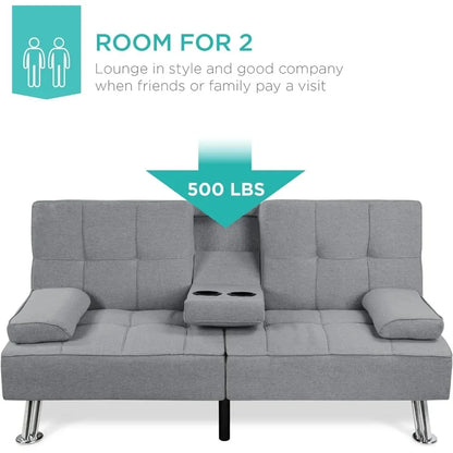 Linen Modern Folding Futon, Reclining Sofa Bed for Apartment, Dorm w/Removable Armrests, 2 Cupholders - Gray Living Room Sofas