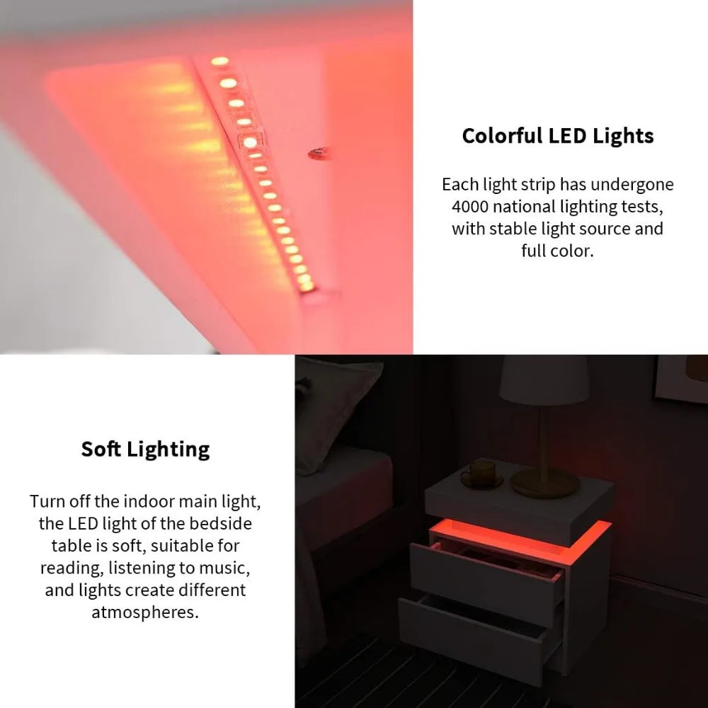 Mesita de noche LED Mesita de noche Mueble de madera con luces para dormitorio, Mesita de noche con 2 cajones, Mesitas de noche para dormitorio