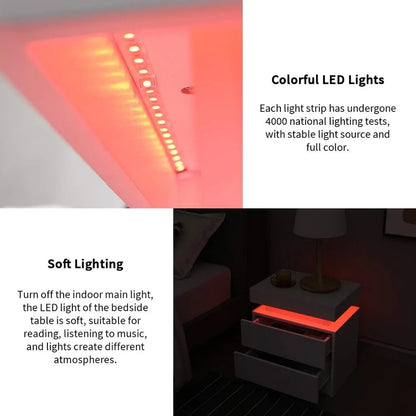 Mesita de noche LED Mesita de noche Mueble de madera con luces para dormitorio, Mesita de noche con 2 cajones, Mesitas de noche para dormitorio