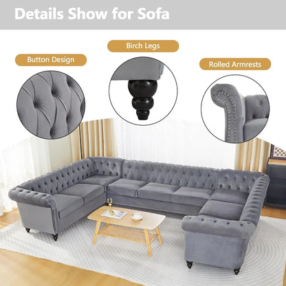 L-Shaped Sofa, Sectional Chesterfield Couch 5-Seater Velvet Upholstered Tufted Sofa with Rolled Armrest for Living Room