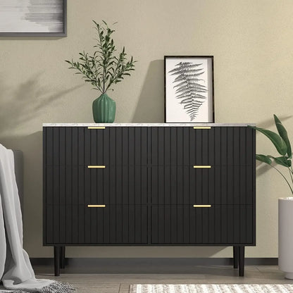 Black Matching Dresser and Nightstand Sets 3 Piece,Modern Grooved Stripes,Marble Texture Top,Gold Handles