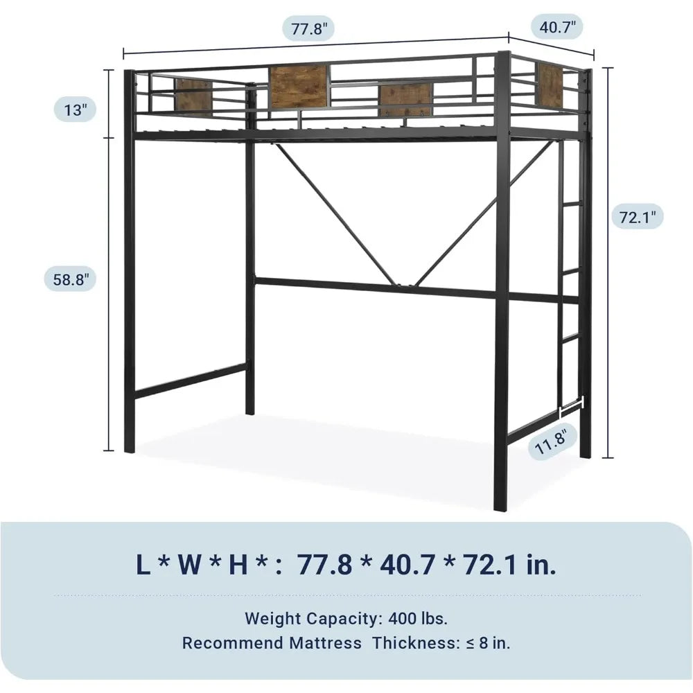 Metal Twin Size Loft Bed Frame with Stairs & Full-Length Guardrail, Space-Saving, No Box Spring Needed, Noise Free, Black