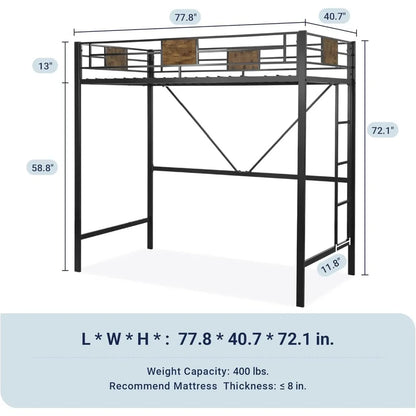 Cadre de lit mezzanine en métal pour lit simple avec escaliers et garde-corps sur toute la longueur, peu encombrant, pas besoin de sommier, silencieux, noir