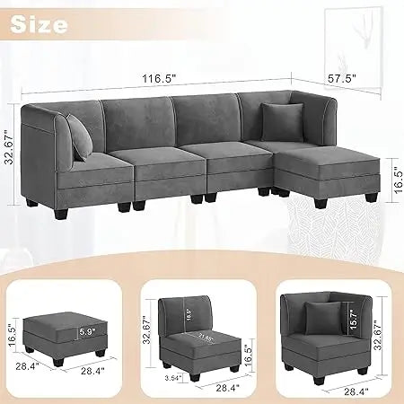 Chenille L-Shaped Modular Sectional Sofa, 3-Seater Comfy Cloud Couch with Ottoman/Chaise & 5 Pillows for Living Room Bedroom