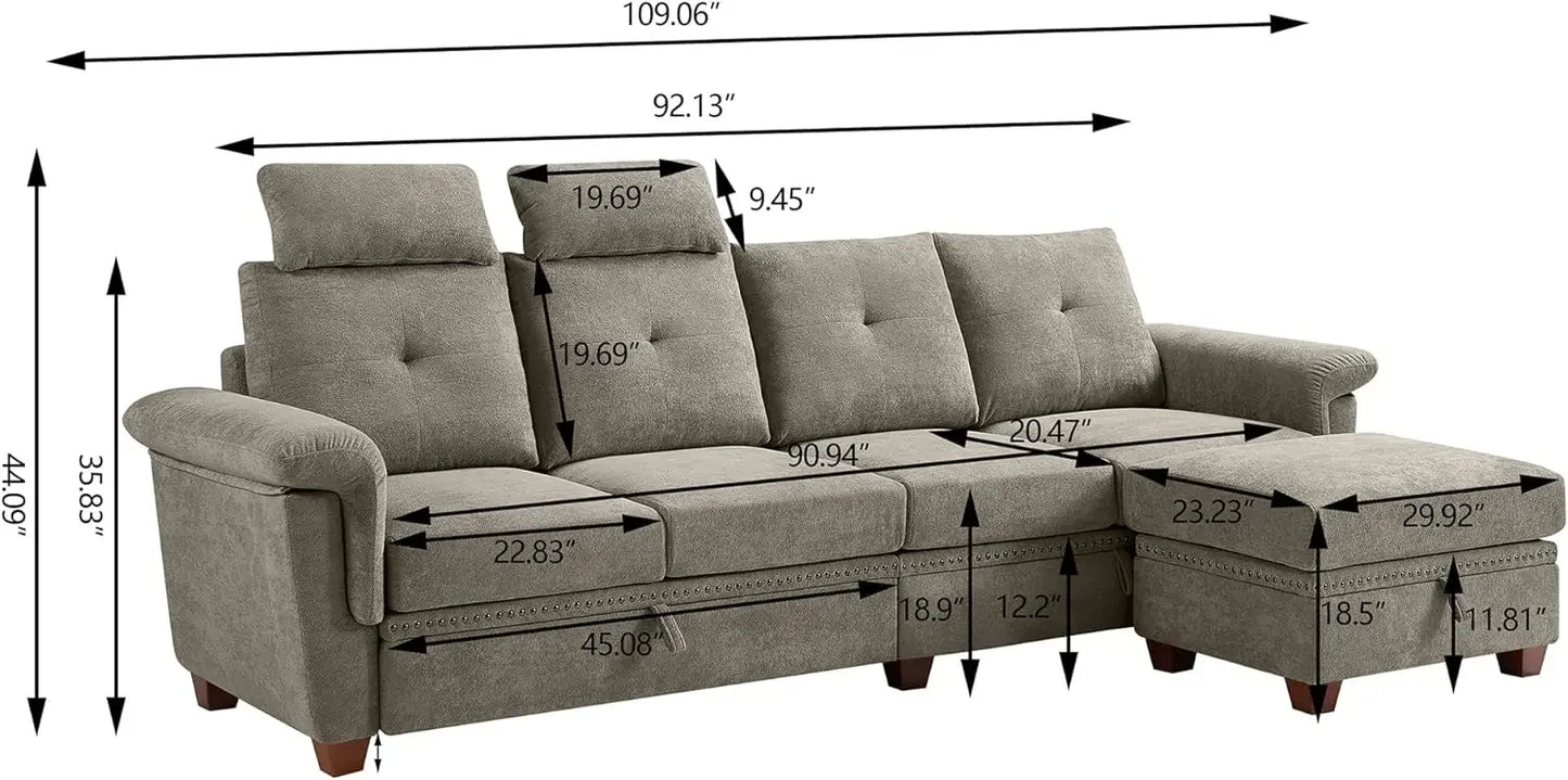 Convertible Sectional Sofa with Storage,4 Seat L Shaped Couch with Chaise and Cup Holder,Modern Microfiber Fabric Sofas Couches