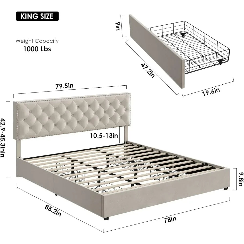 Cadre de lit king size avec 4 tiroirs de rangement, lit plateforme rembourré moderne avec support à lattes en bois, pas besoin de sommier (beige)