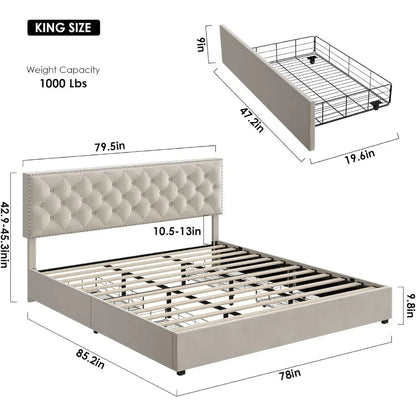 Cadre de lit king size avec 4 tiroirs de rangement, lit plateforme rembourré moderne avec support à lattes en bois, pas besoin de sommier (beige)