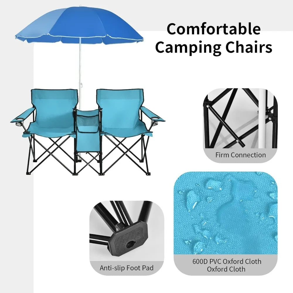 Double Folding Beach Chairs with Umbrella, Outdoor Picnic Portable Loveseat Chairs,Beach Chair