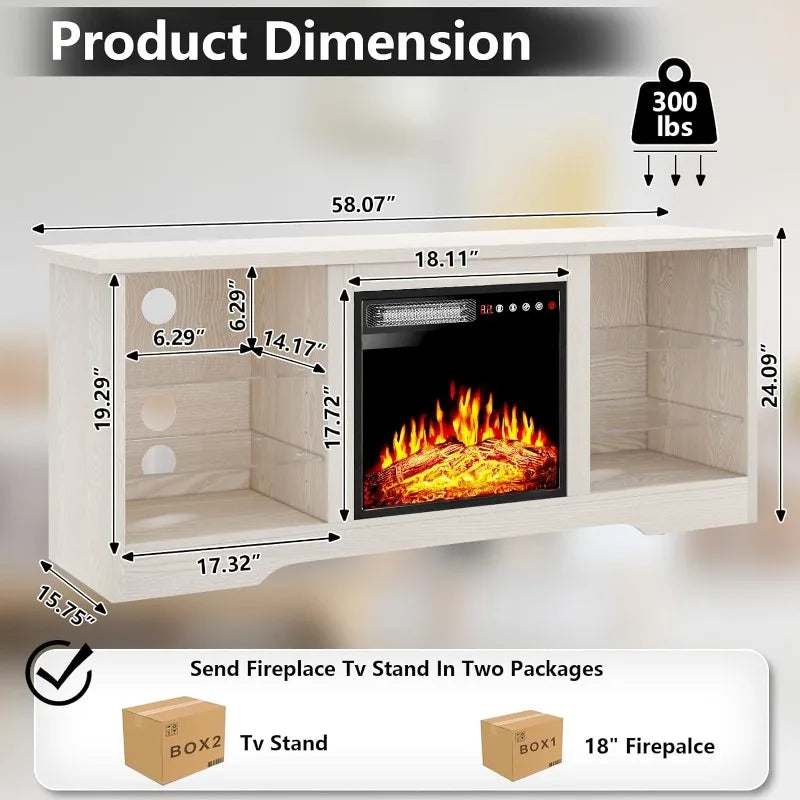 Fireplace TV Stand with 18''Fireplace, Modern Entertainment Center for TVs up to 70 inch, Media TV Console with Adjustable Glass