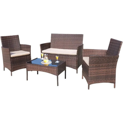 Outdoor Indoor Use Backyard Porch Garden Poolside Balcony Sets Brown and Beige 4 Pieces Furniture Outdoor Furniture Set