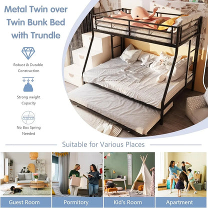 Metal Bunk Twin Over Full, Loft Bed with 2 Secured Ladders, Trundle Bed Twin with Daybed, Space-Saving Bed Frame with Safety