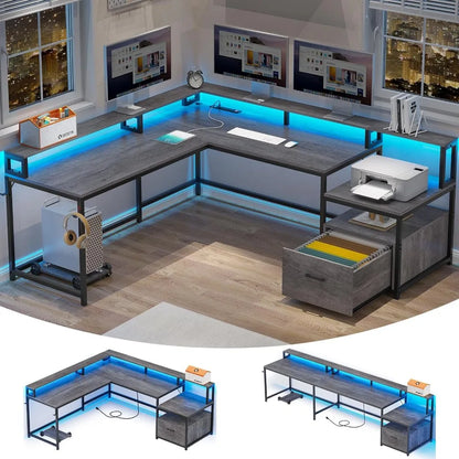 Bureau de jeu en L, bureau à domicile de 66 pouces avec tiroir à dossiers et prise de courant, bureau d'ordinateur de jeu d'angle avec lumières LED