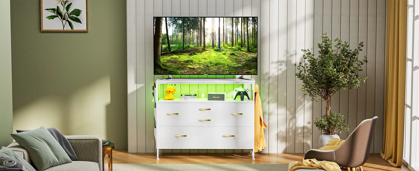 Commode pour chambre à coucher, meuble TV avec prises de courant et lumière LED, commode à 6 tiroirs avec poches latérales et crochets