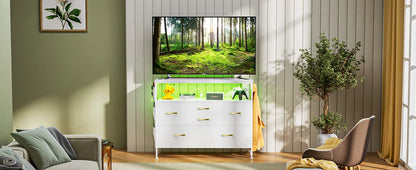 Dresser for Bedroom TV Stand with Power Outlets and LED Light, 6 Drawers Dresser with Side Pockets & Hooks