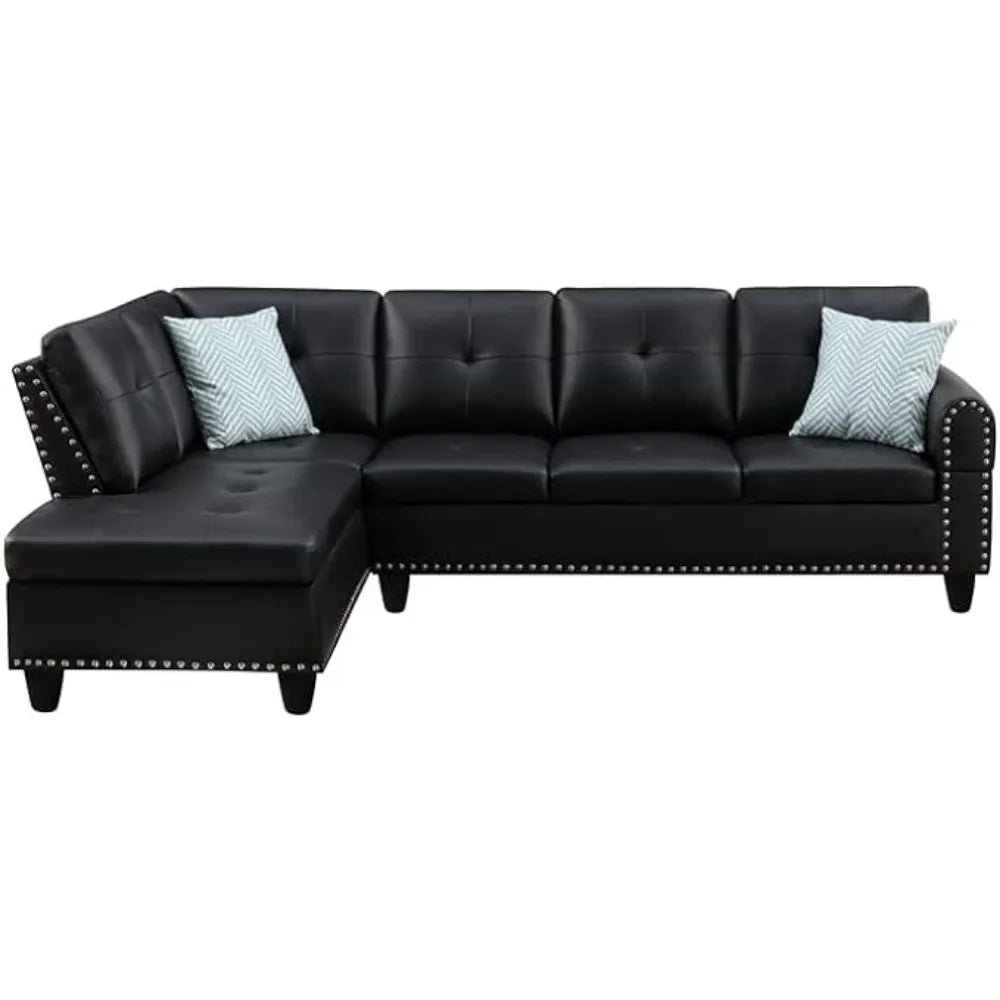 Living Room Sofa, L-Shape PU Leather Sectional Couch Set with Storage, Chaise, Ottoman, 2 Cup Holders & 2 Toss Pillow, Black