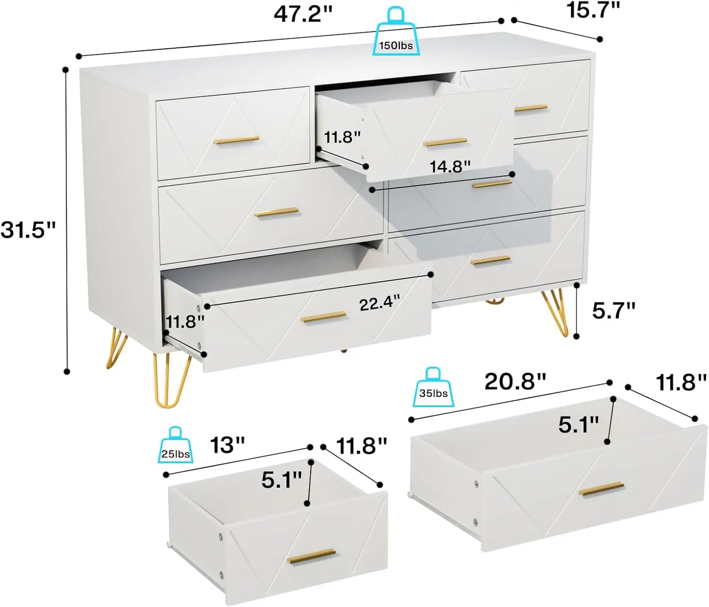 Dresser for Bedroom, 6/7 Drawer Black with Gold Dresser, Modern Dressers & Chests of Drawers, Wooden Dresser for Bedroom