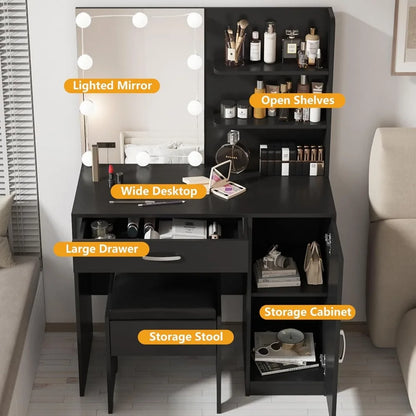 Makeup Vanity with Lighted Mirror, Desk Drawer and Storage Cabinet, Dresser Mirror Dressing Table for Bedroom, Bathroom, Black