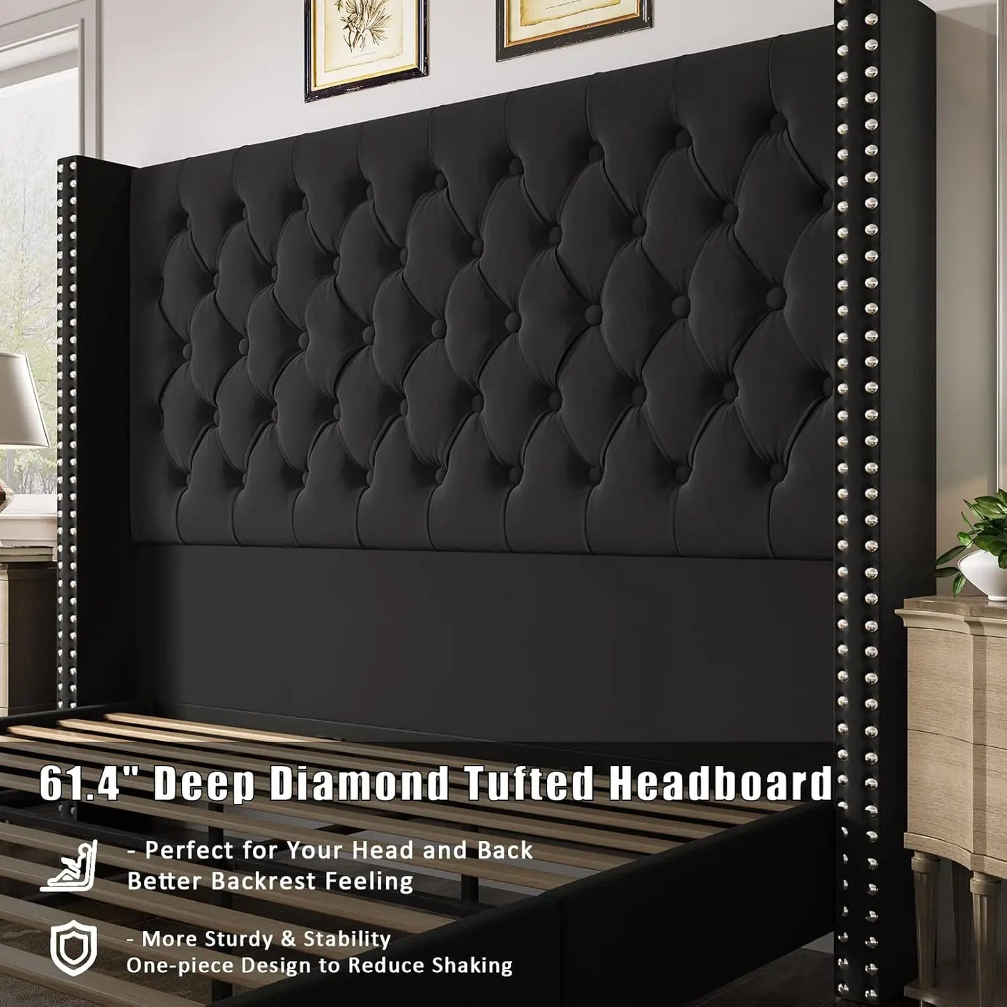 Queen Bed Frame 61.4" Tall Headboard Upholstered Velvet Platform Bed with Handmade Deep Button Tufted