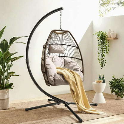 Swing Egg Chair with Stand and UV Resistant Soft Cushions Indoor Outdoor Hanging Chairs Wicker Rattan Patio Hammock Chair