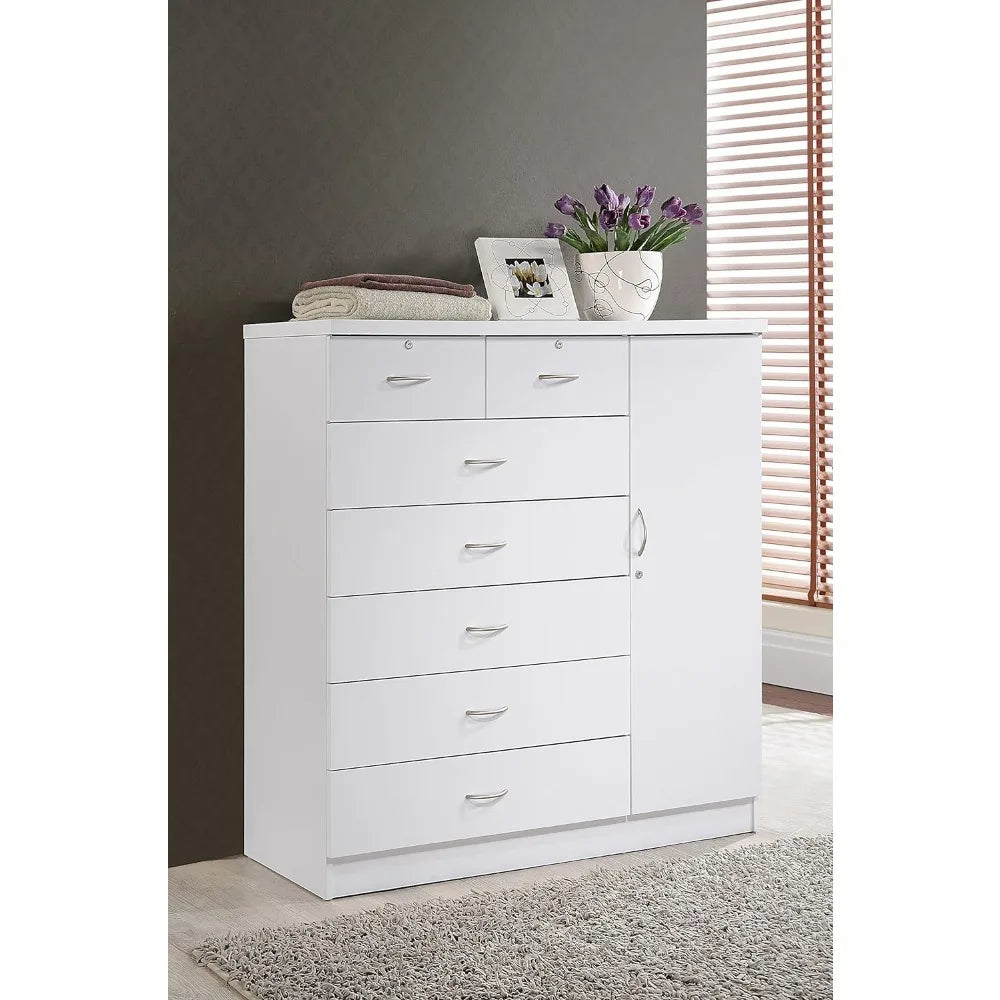 Hodedah 7 Drawer Jumbo Chest, Five Large Drawers, Two Smaller Drawers with Two Lock, Hanging Rod, and Three Shelves | White