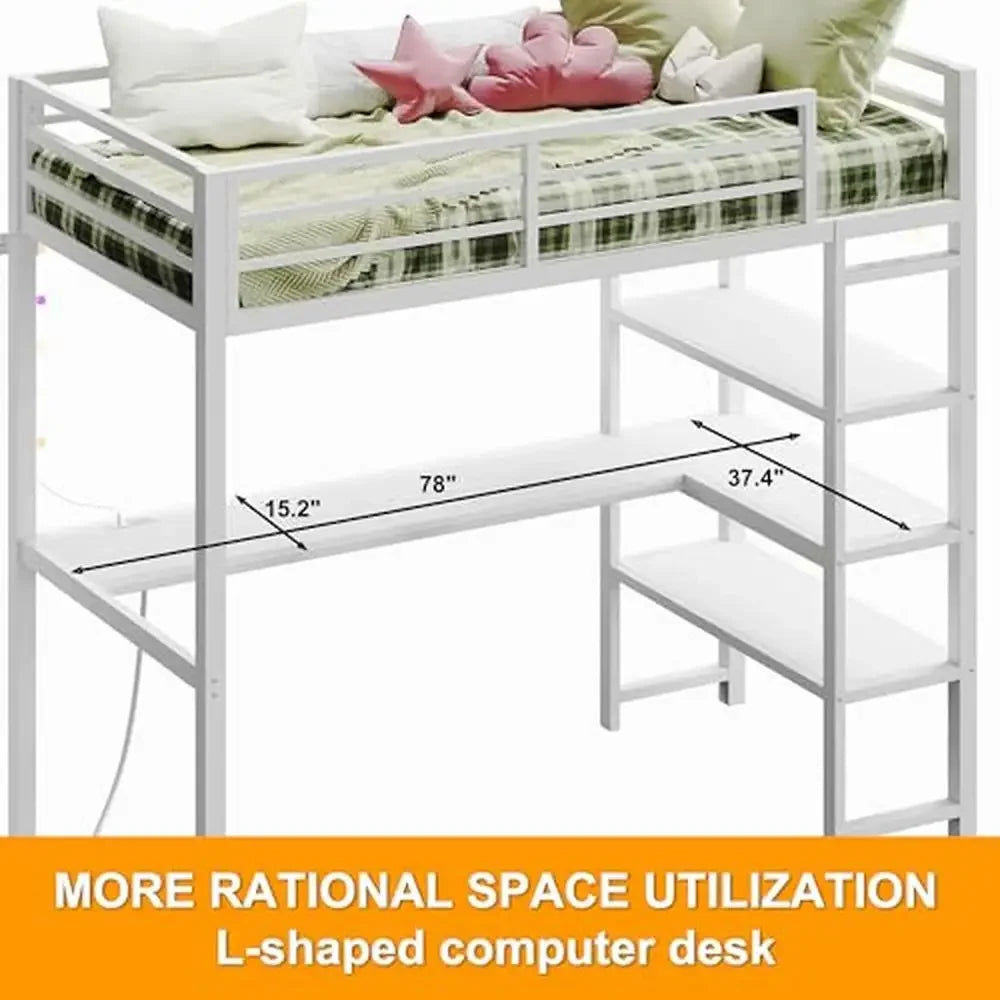 Metal Loft Bed Twin Size with L Shaped Desk and Shelves Power Outlet LED Lighted Space-Saving Loft Bed Frame Sturdy & Safe