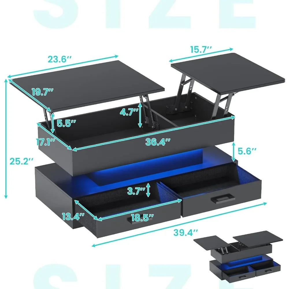 40" Lift Top Coffee Table, Coffee Desk w/ 2 Fabric Drawers for Living Room, Small Modern Table with Storage & LED Light, Black