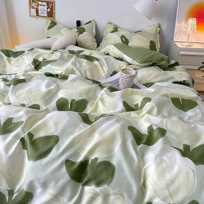 INS Tulip Bedding Set Green Floral Duvet Cover Queen Full Twin Size Flat Bed Sheet Floral Pillowcase Girls Bed Linen NO Filling