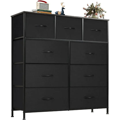 Dressing Cabinet, 9-drawer Dresser, Chest of Drawers with Fabric Storage Bins, Tall Dresser with Wooden Tops