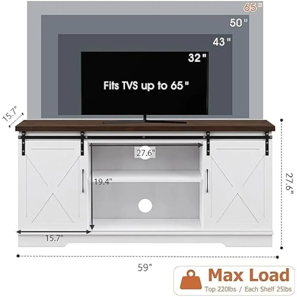 Meuble TV à portes de grange avec rangement et étagères Meuble TV de ferme pour TV 65 pouces Meuble de console multimédia de centre de divertissement