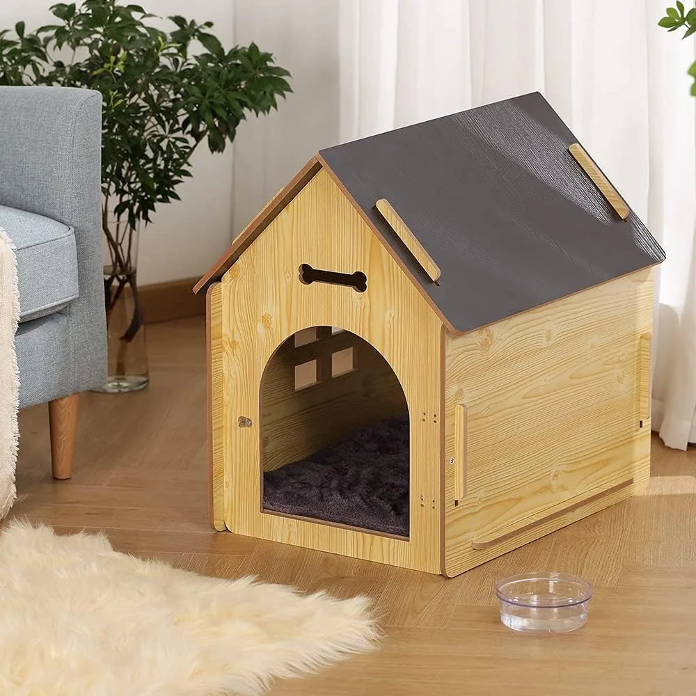 Casa de madera para mascotas con techo para perros, para uso en interiores y exteriores, fácil de montar, jaula transpirable para perros pequeños, medianos y gatos