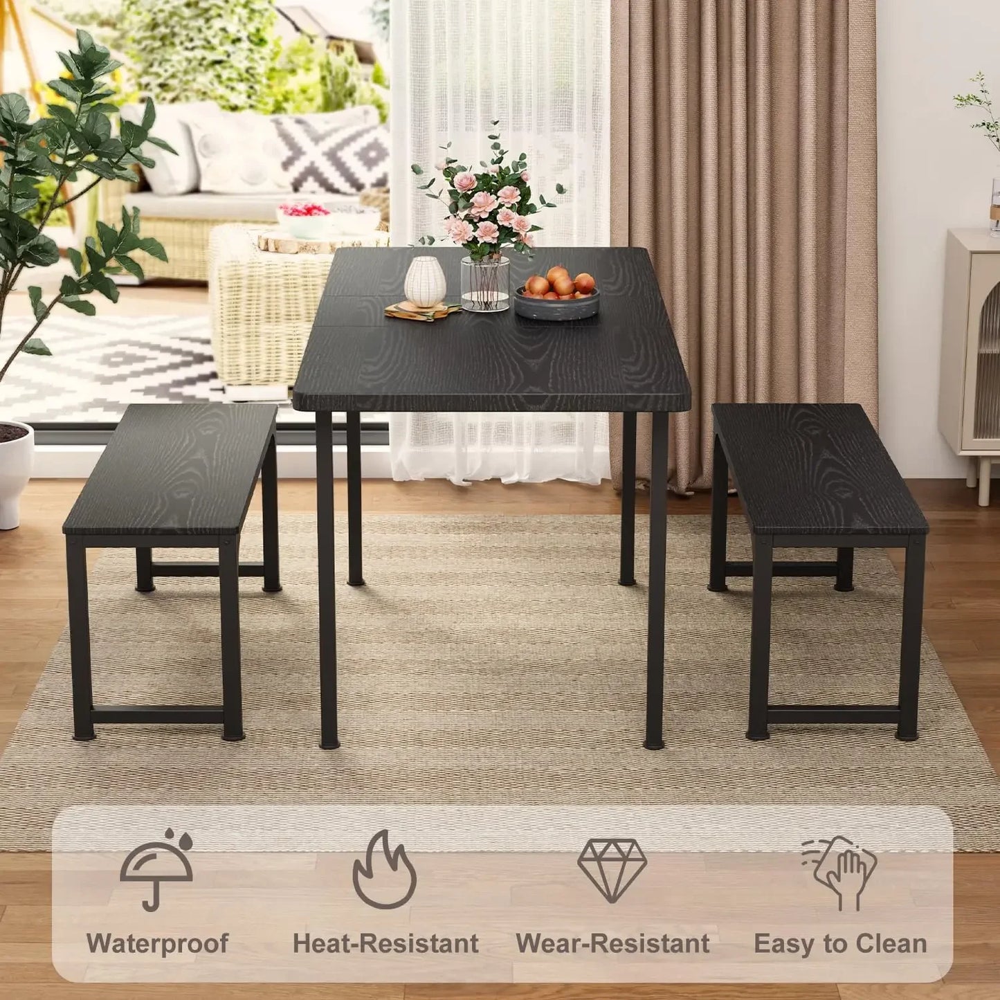 3-Piece 55" Dining Table Set for 4-6, Extendable Kitchen Table Set with 2 Benches, Mid Century-Modern Dining Room Table