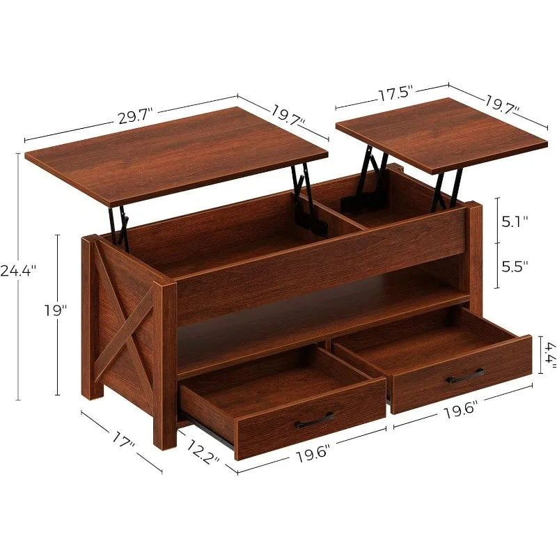 Table basse à plateau relevable de 47,2 po avec 2 tiroirs de rangement et compartiment caché, table centrale de ferme avec plateau relevable en bois