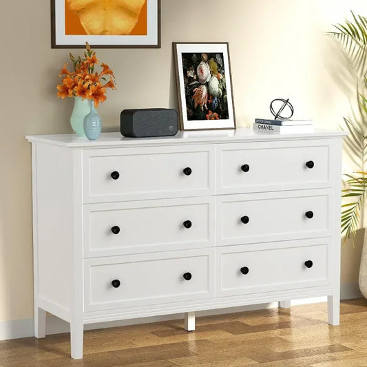 Commode blanche, commode moderne pour chambre à coucher, commode double à 6 tiroirs avec poignées en métal, commode