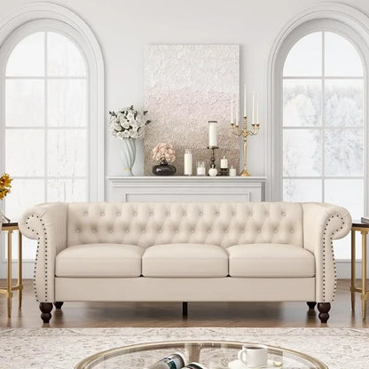 84"W Modern Couch with Deep 3-Seat, Full Handcrafted Button Tufted and Wide Rolled Arms, 3 Seater Sofa in Linen Upholstered