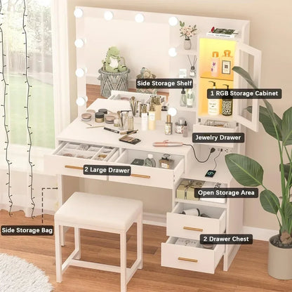 Makeup Vanity Organizer Makeup Vanity Desk With Mirror and Lights Dressers for Bedroom Furniture 5 Drawers & Storage Bag Dresser