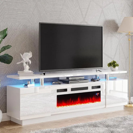 Fireplace TV Stand with 36" White Fireplace, 70" Modern High Gloss Fireplace Entertainment Center LED Lights, 2 Tier TV Console