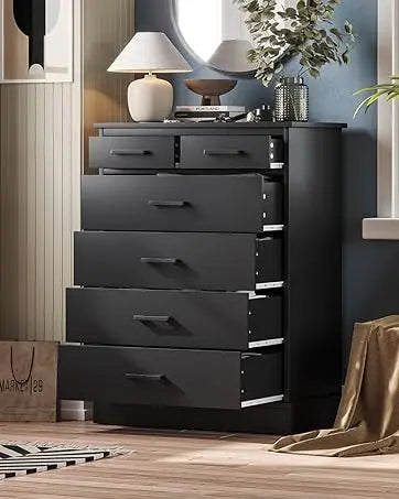 Black Dresser with LED Lights and Charging Station, 51.2" Long Dresser Chest,Modern 6 Drawer Dresser for Bedroom, Living Room