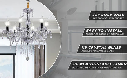 TRY-YEAN Transparent Cognac Crystal Glass 6 Arms Chandelier Glass Living Room Bedroom Dining Room Hanging Lamp Lobby Suspension