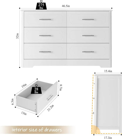 Cómoda de 6 cajones, cómoda ancha blanca moderna con tiradores de metal, cómoda doble de madera, organizadores de baúles de almacenamiento