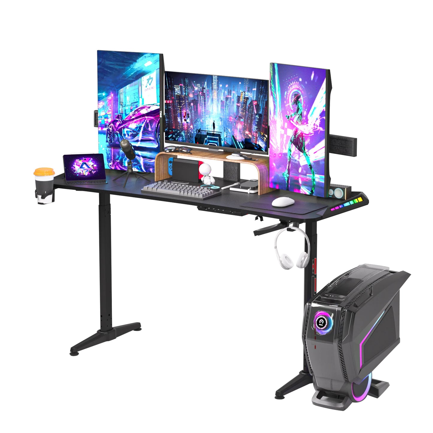 Bureau de jeu réglable en hauteur, grand bureau d'ordinateur de jeu avec lumières LED RVB pour les jeux et le bureau à domicile, noir